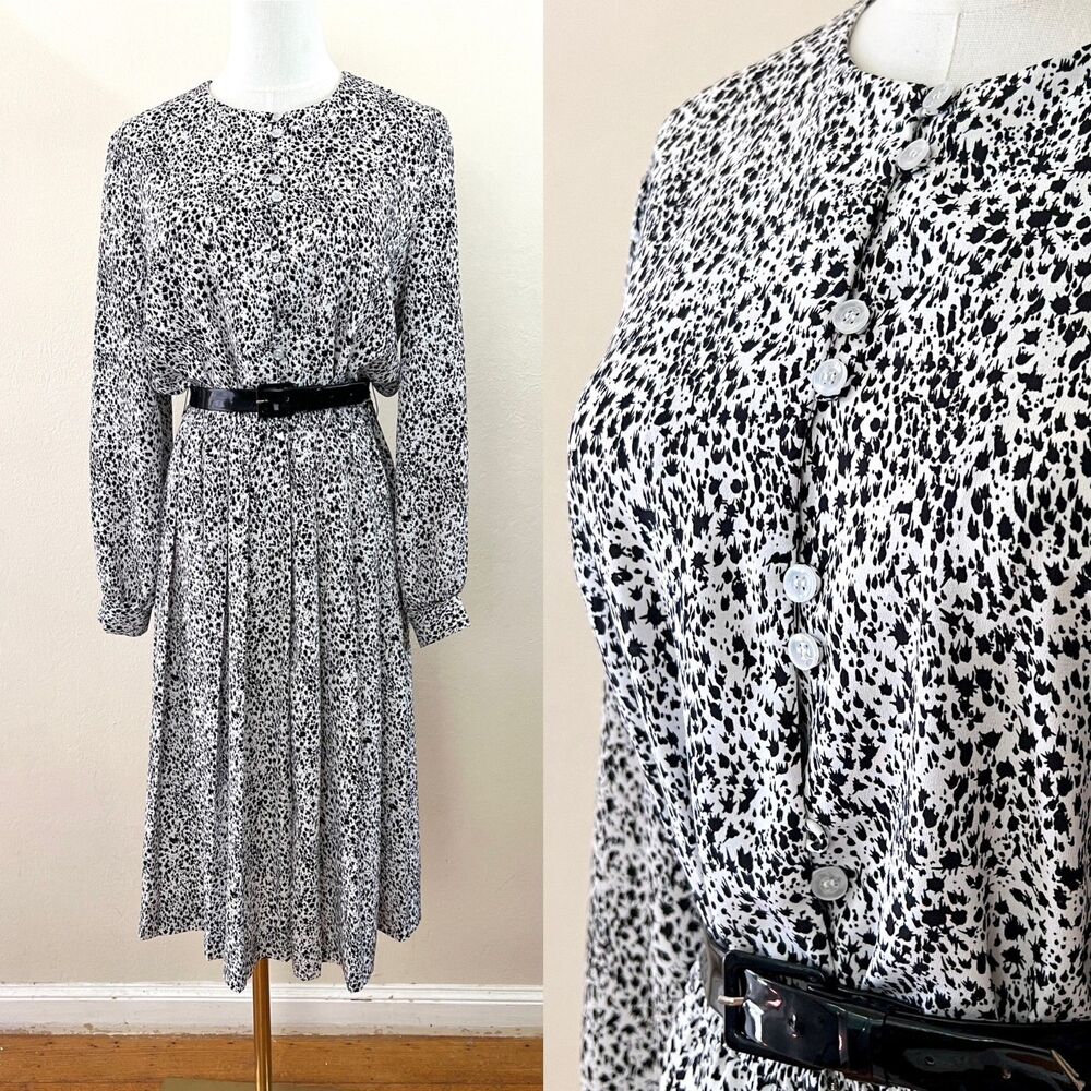 Vintage 80s Schrader Sport Petites Sz 10 Dalmatian Print Retro Secretary Dress